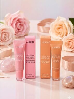 LANEIGE Lip Glowy Balm Set -Pink Supernova & Peach Iced Tea | Brand New in Box